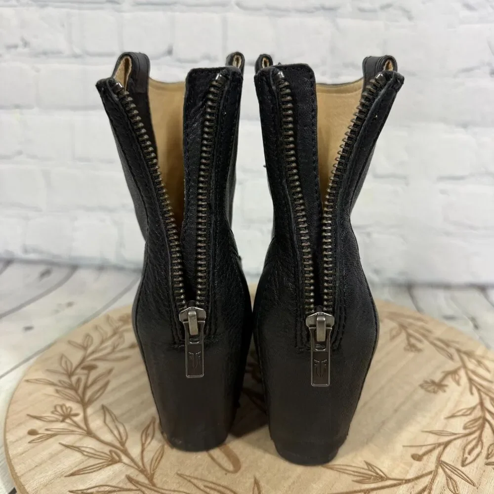Frye Carson Hidden Wedge Booties Women 6.5 Black Leather Ankle Boots Boho